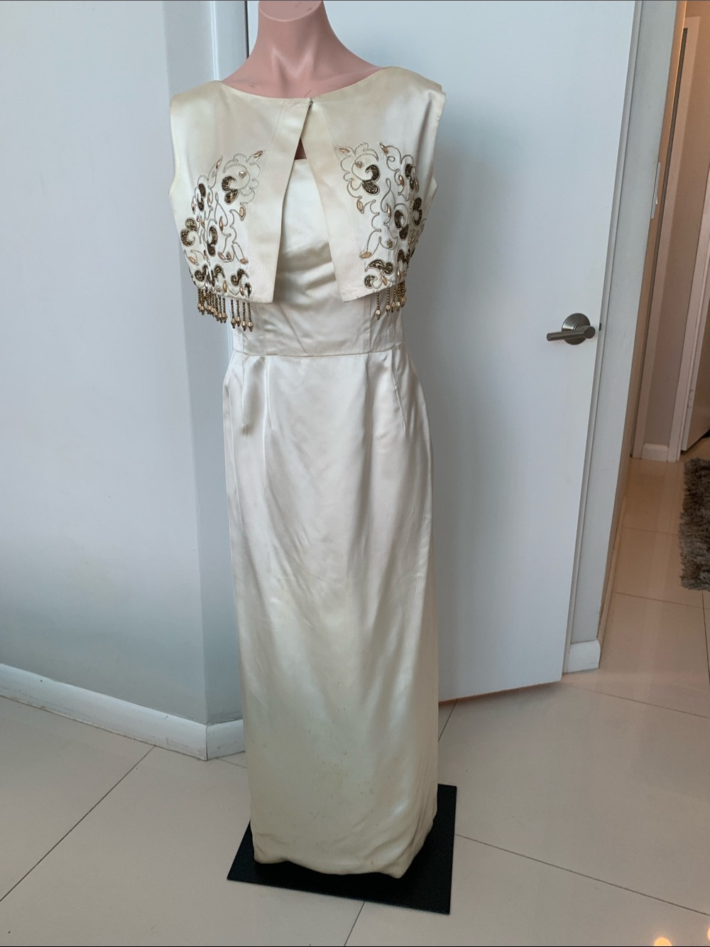 Vintage Cream Satin Maxi Dress with Embroidered Beaded Cape let